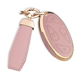 QBUC for Hyundai Key Fob Cover with Key Chain, Upper Leather + Soft TPU Car Key Case for Hyundai Ioniq 6 Grandeur GN7 KONA Elanrtra Santa Fe Tucson (2023-2025) Sonata (Pink, 5 Buttons)