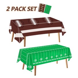 QINGRUIGO 2 Packs Football Tablecloth 54 x 108 Inches Green and Brown Football Field Touchdown Tablecover Disposable Plastic Rugbyl Themed Cloth Gameday Tailgate Tablecloths for Party Decorations
