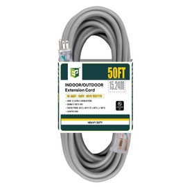 EP 50 Ft Lighted Outdoor Extension Cord - 12/3 SJTW Heavy Duty Grey Extension Cable with 3 Prong Grounded Plug - Power Cord for Lawn, Garden, Appliances