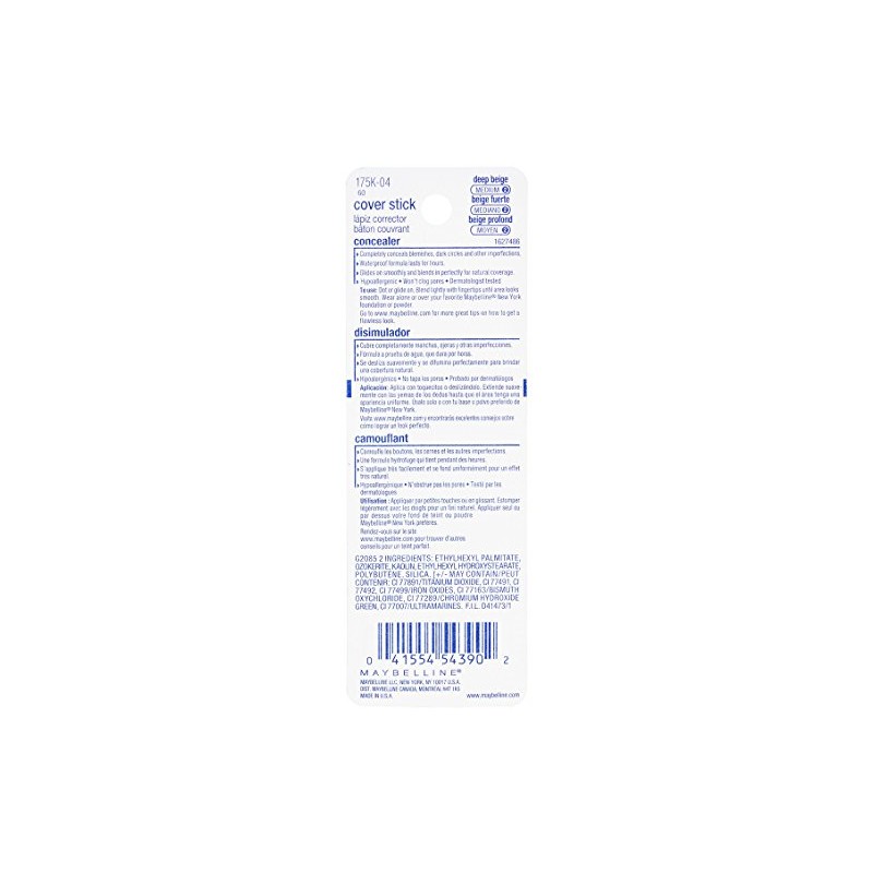 Maybelline Cover Stick Corrector Concealer, Deep Beige, 0.16 oz.