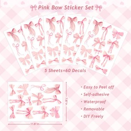 60Pcs Cute Pink Bow Wall Decals, Removable Bow Wall Stickers, Coquette Room Wallpaper for Girls Party Bedroom Decor (Flush Pink)
