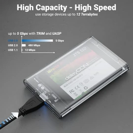 deleyCON SSD Hard Drive Enclosure USB-A 5Gbps 2.5 Inch Transparent