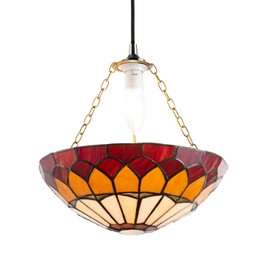 Traditional and Classic Amber and Red Stained Glass Domed Tiffany Pendant Lamp Shade with Antique Brass Chain | 30cm x 9cm by Happy Homewares