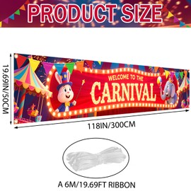 Welcome to the Carnival Banner – Large 120x20 Inch Carnival Backdrop with 19.69ft Ribbon, Double-Stitched Circus Yard Sign for Indoor & Outdoor Carnival Theme Party Decorations
