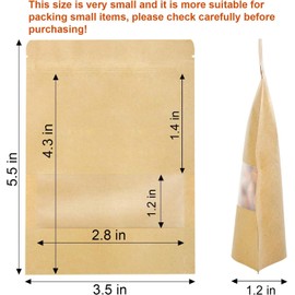 100 Pack Stand Up Pouch Bags, LEEFONE 3.5" x 5.5" Kraft Pouch with Tear Notch and Matte Window, Resealable Zip Lock Food Storage Bag, Reusable