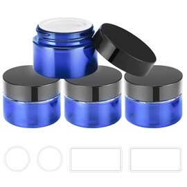 4 Pack 1oz Cosmetic Glass Jars with Lids, Blue Glass Jars with Lids & Stickers, Reusable Empty Round makeup container for Creams, Lotion, Makeup