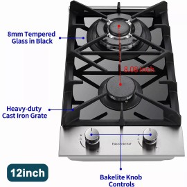 Eascookchef 12in Kitchen Gas Cooktop 2 burners NG/LPG Stainless Steel Tempered Glass New