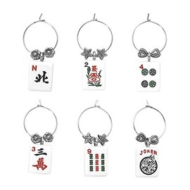 UPware Mahjong Wine Charms, Zinc Alloy Wine Glass Tags for Stem Glasses, Drink Markers Identifiers for Parties, Tastings, and Entertaining, Multicolor, Set of 6