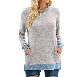 Daysskk Grey Tunic Tops for Leggings for Women Fall Long Sleeve Shirts Color Block Ladies Long Sleeve Tunic Tops Crewneck Jumper Sweatshirt for Women With Pockets Side Split L