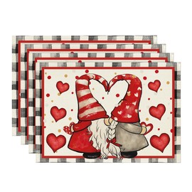 Artoid Mode Kiss Gnomes Valentine Placemats Set of 4, 12x18 Inch Wedding Anniversary Table Mats for Party Kitchen Dining Decoration