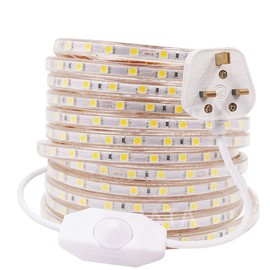 GQL 2m Dimmable LED Strip Mains Powered, Warm White SMD 5050 60leds/m IP65 Waterproof Commercial Rope Light with UK Plug, DIY Indoor Outside Decor Ribbon Lighting