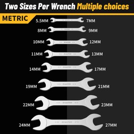 GRENPRO Super-Thin Metric Wrench Set, Open End Wrench Set, 9PCS 5.5, 7, 8, 9, 10, 11, 12, 13, 14, 17, 19, 21, 22,23,24,27mm, Slim Spanner Organizer Rolling Pouch with Gauge, Small Wrenches Tools Sets