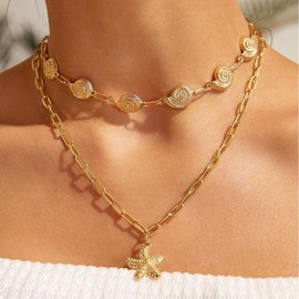 Gold Shell Charm Necklace for Women,Layered Gold Seashell Starfish Necklaces Mermaid Costume Accessories Boho Surfer Beach Necklaces Dainty Summer vacation Jewelry Costume Accessories (Starfish)