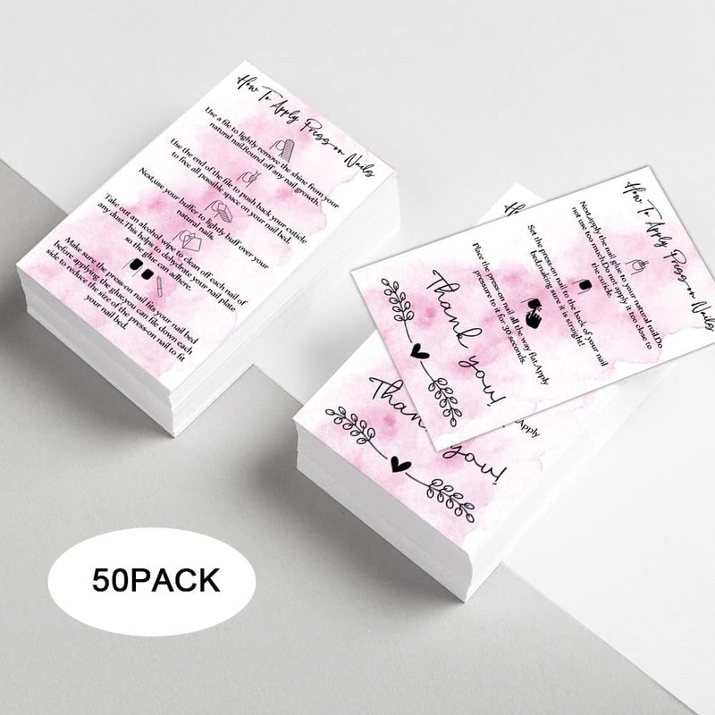 Press-On Nail Application Instructions Cards, Aftercare Instructions Cards, 50 Pack