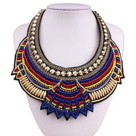 YAZILIND Ethnic Style Blue Multiple Millet Beads Chunky Chain Bib Statement Choker Collar Necklace for Women