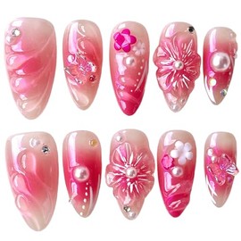 Handmade Press On Nails, Medium Almond Shape, Pink Aurora Cotton Candy Design, 3D Floral Pearl Butterfly Accents, Reusable Acrylic False Nails (Pink Aurora, M)