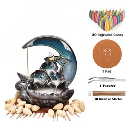 XUDREZ Moon Backflow Incense Burner, Lotus Leaf Pond Ceramic Incense Holder Waterfall Incense Burner Cone Stick Holder for Home Decor Gift with 20pcs Incense Cones