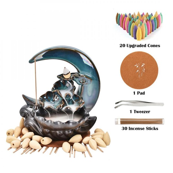 XUDREZ Moon Backflow Incense Burner, Lotus Leaf Pond Ceramic Incense