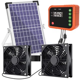 Lewisia 10W Solar Powered Fan Kit with Timer & Temperature Control IPX5 Weatherproof Dual Fan Solar Exhaust Intake Cooling Ventilation for Chicken Coop Greenhouse Shed Pet House Garage
