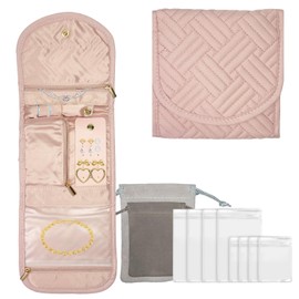 WOBEVB Travel Jewelry Organizer, Jewelry Pouch, Case Foldable Jewelry Roll for Journey, Travel Packing Accessories (Pink)