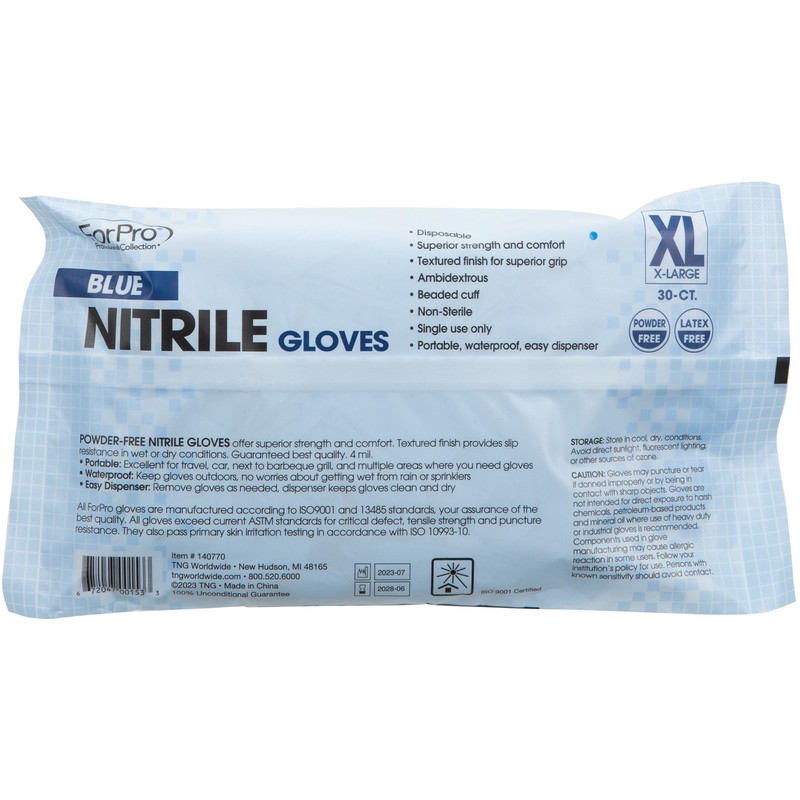 ForPro 30ct Disposable Nitrile Gloves, 4 Mil/X-Large, Blue, Food Safe