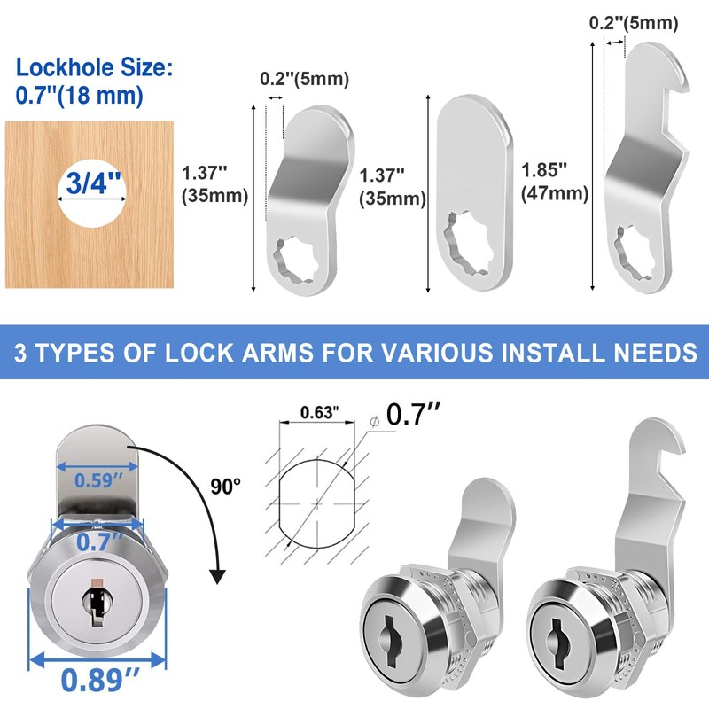 Cylinnda Cabinet Locks (3 Pack, Zinc Alloy), Keyed Alike Cam