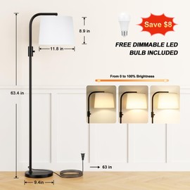 Ambimall Fully Dimmable Floor Lamp - Floor Lamps 9W LED Light Bulbs, Standing Lamps for Living Room with Adjust Head, Modern Standing Light Rotary Switch, Tall Lamp for Bedroom(Black and White)