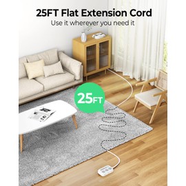 Flat Extension Cord 25 ft, Power Strip Long Cord with 4 USB Ports (2 USB C), Long Extension Cord with 6 Widely Spaced Outlets(2 Side), Wall Mount Power Strip, White Extension Cord for Home Office