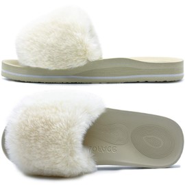 COFACE Womens Slippers with Arch Support for Plantar Fasciitis Relief Open Toe Faux Fur Orthopedic Orthotic Ladies Slippers Slip On Sliders Size 5 white