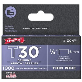 Arrow Fastener 304 T30 1/4" Flat Crown Thin Wire Staples 1000 per Package