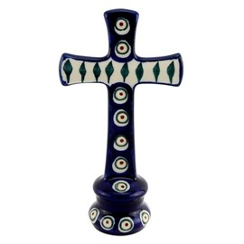 Polish Pottery Market Standing Cross – Handcrafted by Zaklady Boleslawiec Poland - Hand-Painted Polish Stoneware - Peacock Pattern