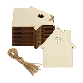 20pcs Wooden House Shaped DIY Craft Cutouts Unfinished Wood Tags with Ropes Ornaments for Wedding Home Christmas Party Decoration
