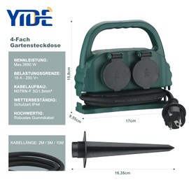 Garden Socket 4-Way IP44 with Carry Handle and Ground Spike, Waterproof Outdoor Socket with H07RN-F Rubber Cable Outdoor 4 x Sockets Garden Power Distributor (2 m, Green)