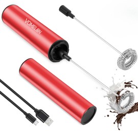 VOMELON Milk Frother, Rechargeable Battery Operated Frother for Coffee,Portable Drink Mixer with 2 Stainless Steel Whisk Heads,Milk Foamer for Keto Coffee, Latte, Cappuccino, Hot Chocolate,Rube Red