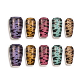 Cat Eye Press on Nails Coffin Medium Handmade Fake Nails with Glitter Colorful Design, Glossy Salon Perfect Magnetic Gel Bling Nails 10 Pcs, Size M