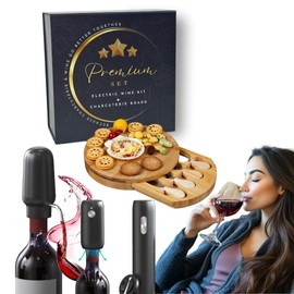 Rechargeable Electric Wine Opener Set - Includes Foil Cutter, Wine Aerator Dispenser, Electric Vacuum Stopper, Charcuterie Board and Knives Set - Luxury Packaging for a Special Occasion