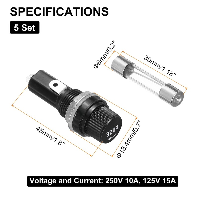 uxcell 5Pcs Panel Mounted Fuse Holders 45 x 18.4mm 250V