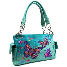 Zelris Butterfly Flower Season Embroidery Women Conceal Carry Shoulder Handbag (Turquoise Blue)