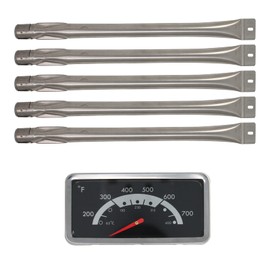 5 BBQ Gas Grill Tube Burner & 1 Thermometer Heat Indicator Replacement Parts for Kenmore 148.34308410 - Compatible Barbeque Stainless Steel Pipe Burners & Temperature Gauge Thermostat