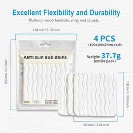 4-Pack Rug Pad Gripper, Non-Slip Rug Gripper Pads, Non Slip Mat, PU Material, 10 x 10cm Vacuum Tech Wave Texture Design for Enhanced Floor Grip, Easily Peel Off, Machine Washable & Reusable (White)