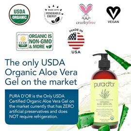 PURA D'OR- Gel de aloe vera orgánico de 16 oz - Limoncillo - Totalmente natural - CERO conservantes artificiales - Hidratación profunda