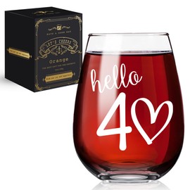 QIMIUTB Hello 40 Years Theme Wine Glass Gift, 40th Birthday Anniversary Wedding Valentine's Day Stemless Wine Glass Gifts for Couple Men Women Wife Husband Parents Grandpa Grandma Her BFF-1