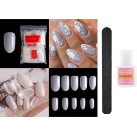 500 x False Artificial French Nail Kit Coffin, Ballerina Pointy Nail Art Acrylic Tips + Glue 10g + Nail File Nail extension Kit White Clear Natural fake nails with glue (KIT 12 CREAM TIPS)