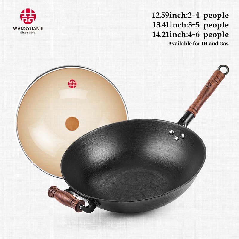 WANGYUANJI Cast Iron Wok,13.4 inch Flat Bottom Wok with Glass