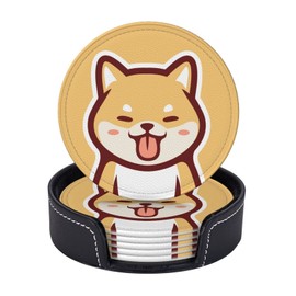 Famame Cute Kawaii Shiba Inu Dog Leather Coasters for Drinks with Holder Coaster Sets 6 Pcs Drink Table Cup Coasters for Living Room Kitchen Coffee Decor