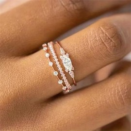 925 Sterling Silver Shiny Full Diamond Gemstone Ring 3PCS 18K Rose Gold Cubic Zirconia Promise Rings CZ Diamond Multi Row Ring Eternity Bride Engagement Wedding Party Band Ring Sets A.23 (US Code 7)