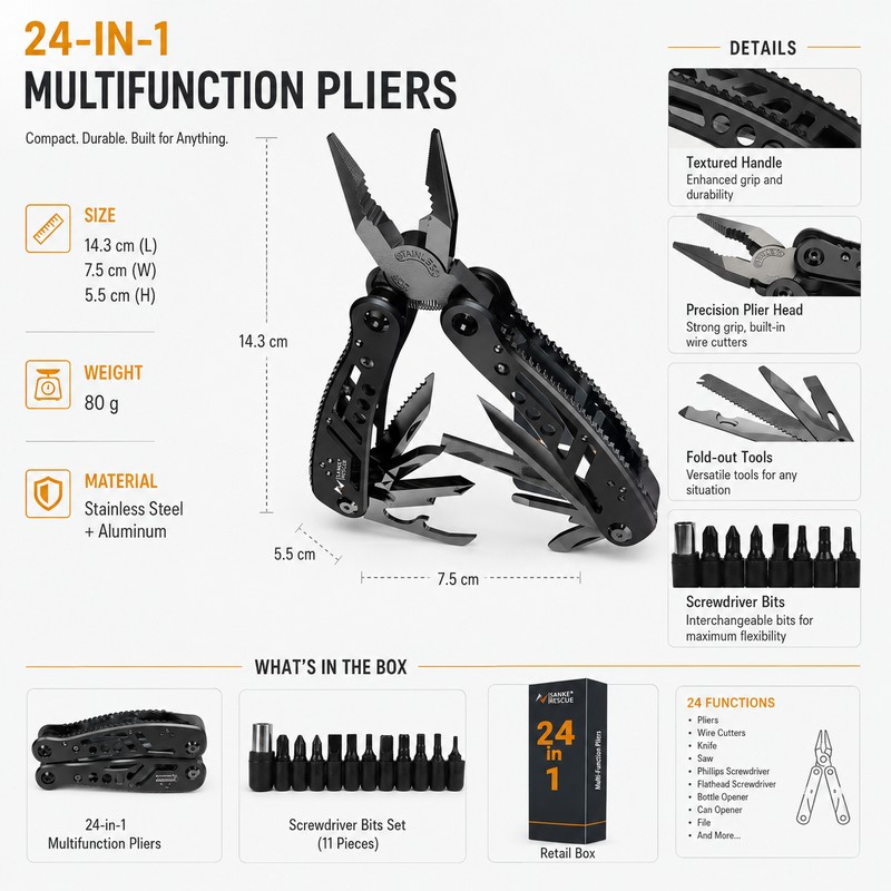 24-in-1 Multitool Pliers for Repairs – Stainless Steel EDC Tool