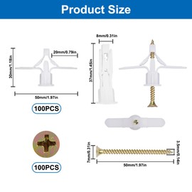 100 Sets of Cavity Dowels Plasterboard (100 Dowels, 100 Screws), Drywall Anchor with Screws, Wall Plugs Plasterboard, for Cavity Walls, Plasterboard, Drywall, Concrete, Bricks