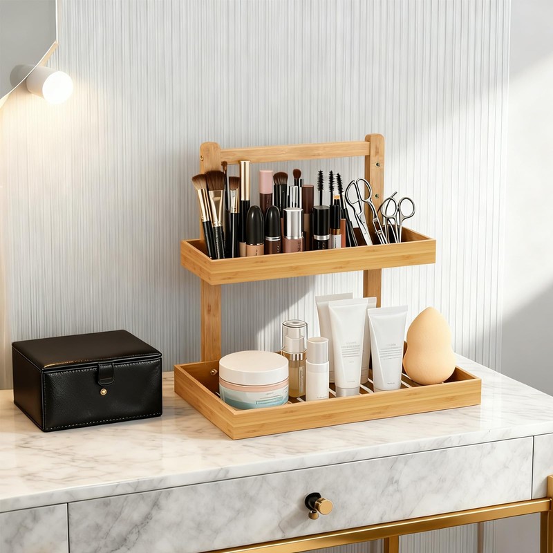 Bamboo Undersink Organizer Storage - 2-Tier Cabinet Shelf with Adjustable