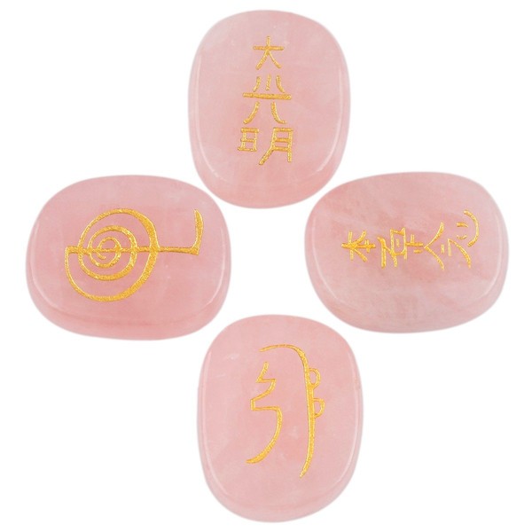 Rockcloud Healing Crystal Rose Quartz 4pcs Engraved Chakra Stones Palm Stone Reiki Balancing
